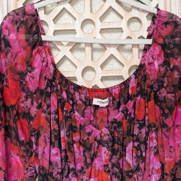 Steve Madden Vibrant Pink Floral Long Sleeve Dress size medium midi slit party - Picture 2 of 9